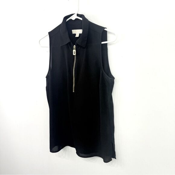 MICHAEL Michael Kors Black Semi Sheer Collared Gold Half Zip Sleeveless Blouse - Picture 2 of 14